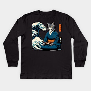 Vaporwave Samurai Cat Great Wave Off Kanagawa Kids Long Sleeve T-Shirt